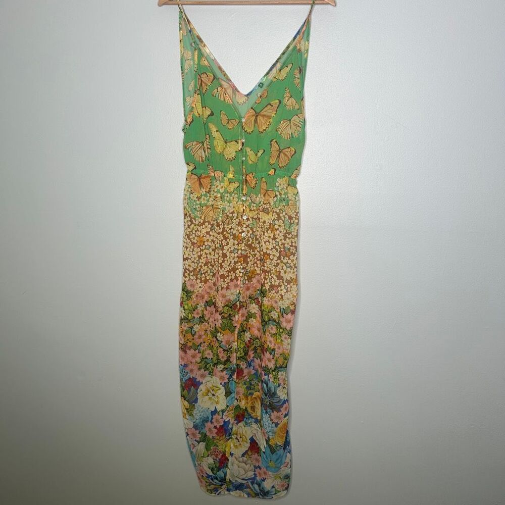 Farm Rio Multi Floral Butterfly Print Sheer Button Down Cover Up Dress (Size P)